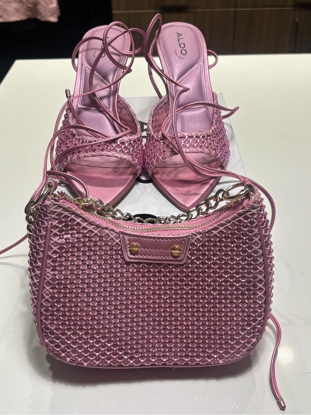 ALDO Pink Woven Shoulder Bag and Wrap Up Heels